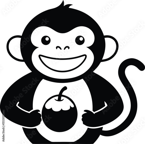 monkey holding a coconut with a wide grin outline