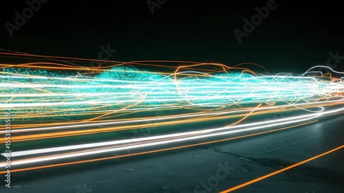Night highway light trails, blurred city backdrop, speed, motion design