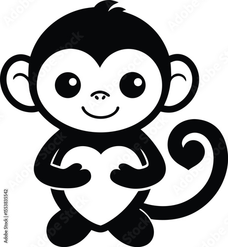 monkey holding a heart shape cute line art vect