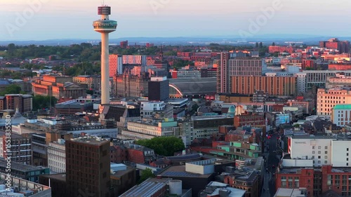 Aerial video of Liverpool cityscape at Sunset 