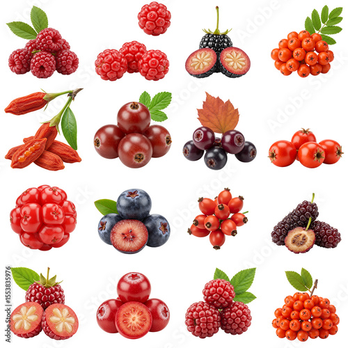 Various berries and fruits arranged in a colorful pattern  