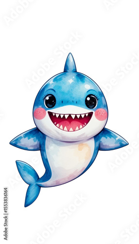 Cartoon baby shark character smiling with blue and white colors - Concept of watercolor isolated on a transparent background