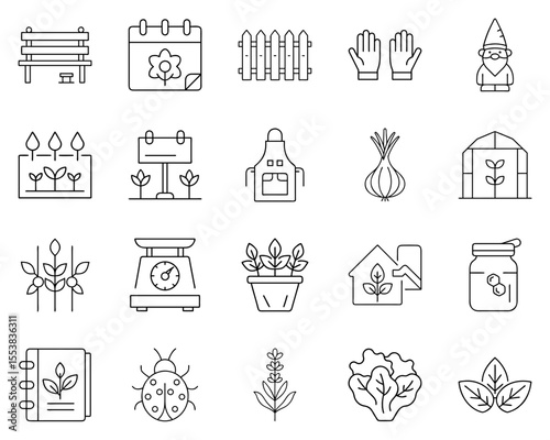 Gardening and Harvesting Icon Set with Tools and Plants in Black Silhouettes
