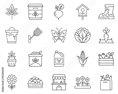 Gardening and Harvesting Icon Set Featuring Plants and Tools in Black Silhouettes