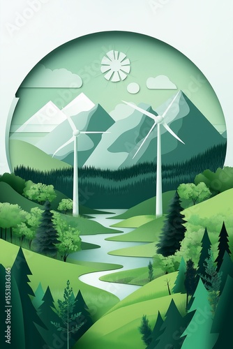 Paper art-style depiction of a sustainable landscape with wind turbines, mountains, trees, and a serene lake, promoting green energy