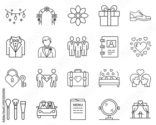 Wedding season vector icon set featuring love symbols and celebrations