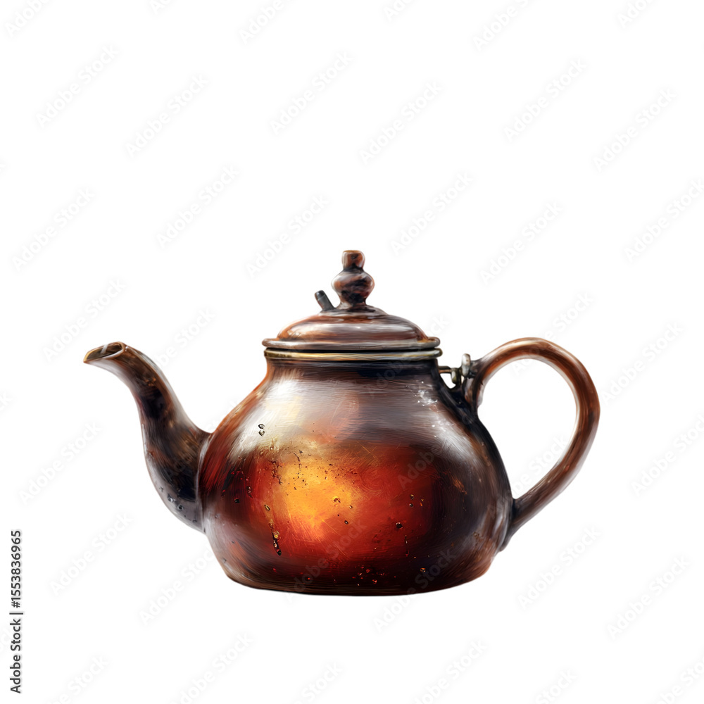 Antique copper teapot with a rich patina and warm glow isolated on transparent background Antique copper teapot with a rich patina and warm glow isolated on transparent background