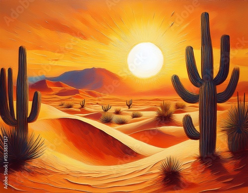a desert landscape painted with bold thick oil layers highlighting the golden sand dunes and the stark textured silhouettes of cacti under a blazing sun generative ai