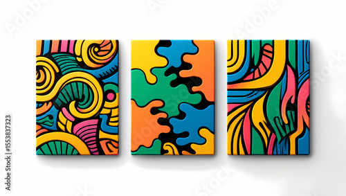 Three Vibrant Abstract Canvas Prints Colorful Swirls Organic Shapes Yellow Orange Blue Green Pink Black