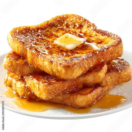Golden french toast stack topped with butter and maple syrup on a plate, transparent background
