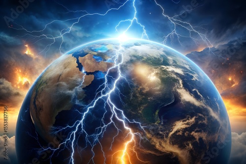 A dramatic depiction of planet earth struck by a massive lightning bolt amidst a raging storm