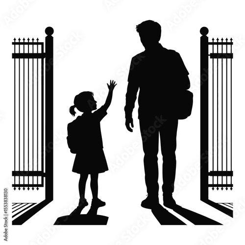 Father and daughter waving goodbye at school gate silhouette isolated on white background