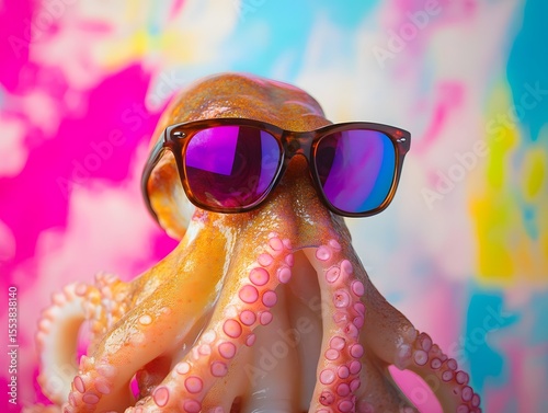 Funny octopus wearing sunglasses in studio with a color background