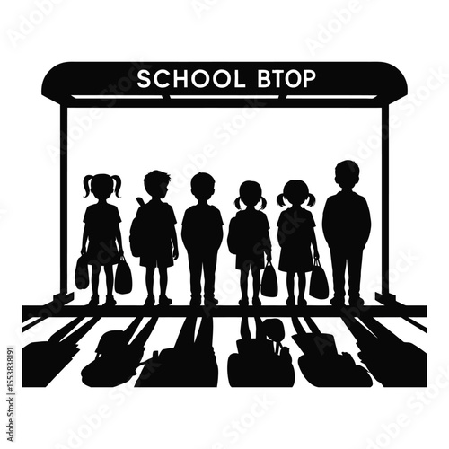 Children waiting at a school bus stop silhouette isolated on white background