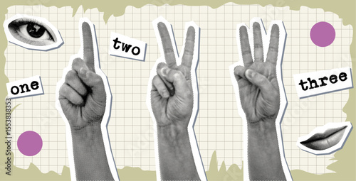 hand gestures for numbers one two three concept retro collage set with eye and lips cut-out halftone isolated dotted elements pop art style design torn paper edges grid background