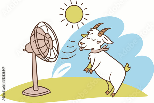 Fuzzy Goat Kid Cooling Off with a Fan on a Hot Sunny Day Summer Heatwave