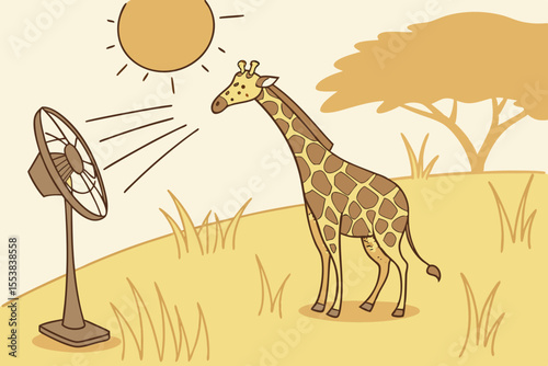 Thirsty Giraffe Cooling Off with a Fan on a Hot Sunny Day Summer Heatwave