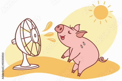 Sweaty Piglet Cooling Off with a Fan on a Hot Sunny Day Summer Heatwave