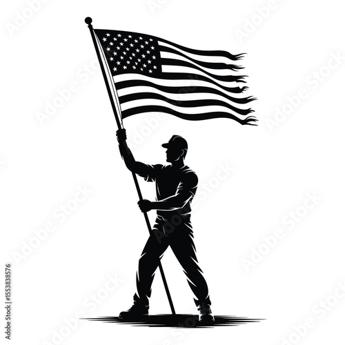 Man holding american flag silhouette isolated on white background