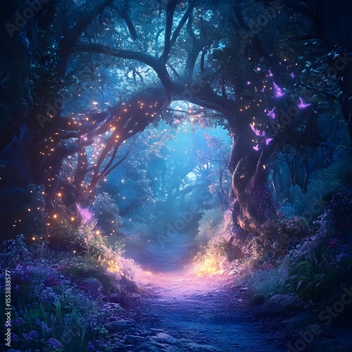 Magical fantasy fairy tale scenery night in a forest