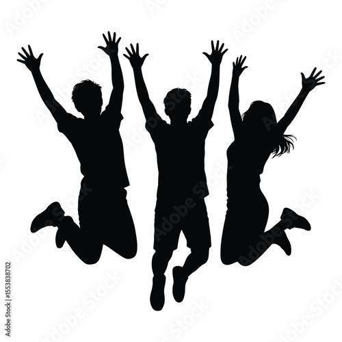 Three joyful friends jumping together in silhouette isolated on white background