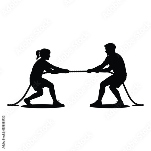 Man and woman silhouette playing tug of war with rope isolated on white background silhouette