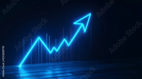Neon Blue Glowing Up Arrow Chart On Dark Background, Growth, And Success Concept