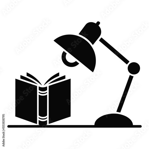 Black silhouette of a desk lamp illuminating an open book isolated on white background