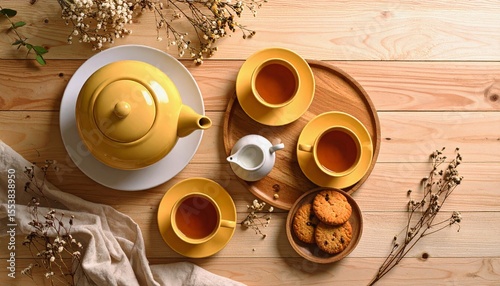 Top view of pastel yellow ceramic teapot with matching cups 