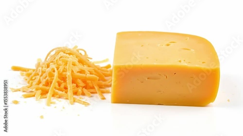 A block of cheddar cheese sits beside a pile of shredded cheese