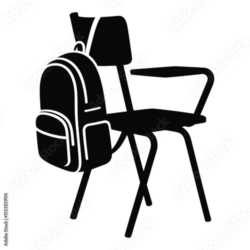 Backpack hanging on a school chair silhouette isolated on white background