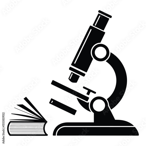 Scientific research with a microscope and open book silhouette isolated on white background