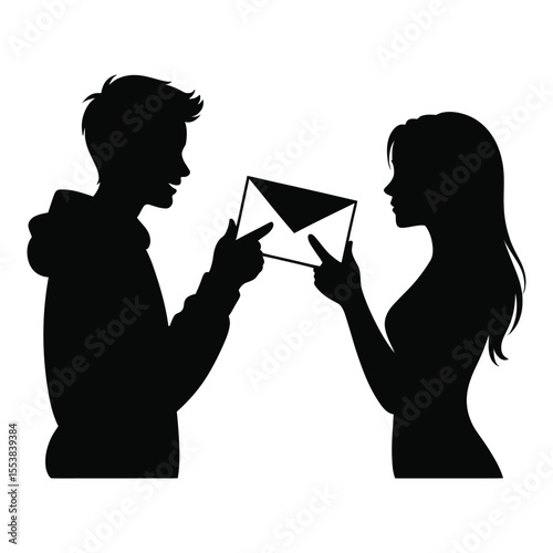 Man and woman exchanging an envelope silhouette isolated on white background