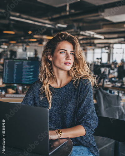 female programmer, sitting with laptop, tech startup environment