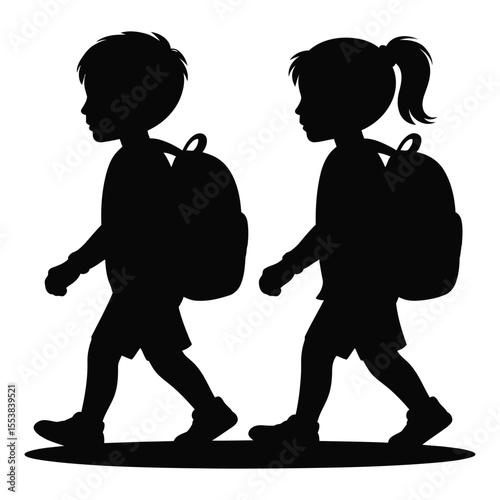 Two children walking with backpacks silhouette isolated on white background