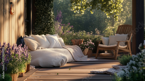 Cozy terrace with pillows, blankets, flowers in bloom, plants and string lights