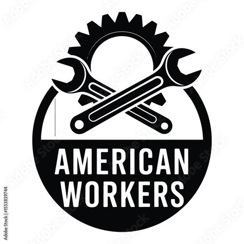 American workers logo with crossed wrenches and gear silhouette isolated on white background