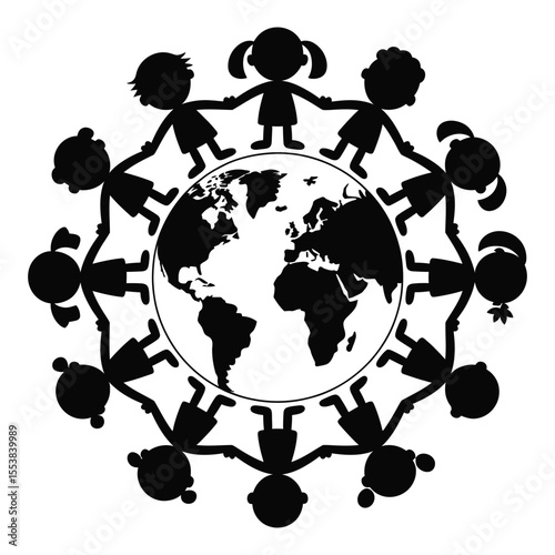 Diverse children holding hands around the world silhouette isolated on white background