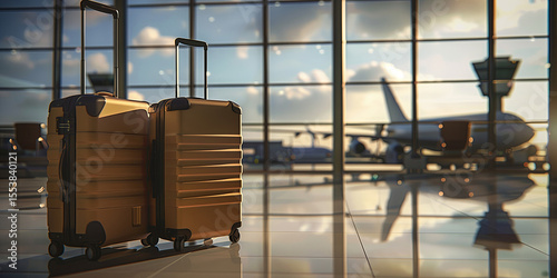 Two suitcases in the airport departure lounge, airplane in the blurred background.