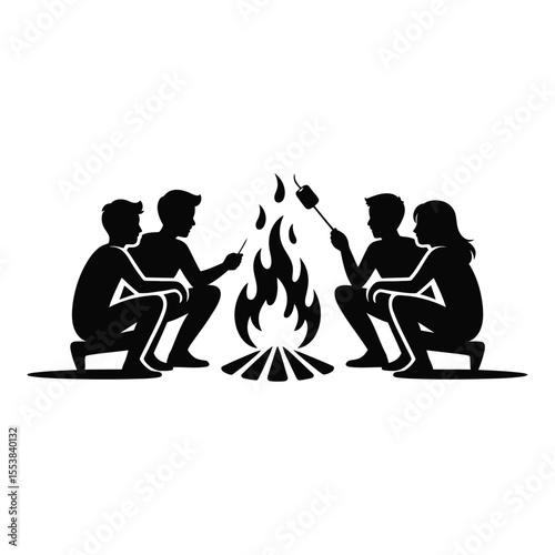 Four friends roasting marshmallows over a campfire silhouette isolated on white background