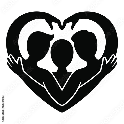 Three people embracing in a heart shape silhouette isolated on white background