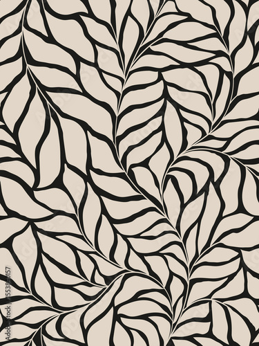 Seamless black and grey floral background with leaves. Hand drawn minimal abstract organic shapes pattern. Vector black abstact pattern with grey leaves