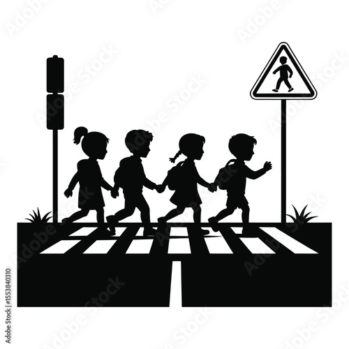 Children crossing road safely silhouette isolated on white background