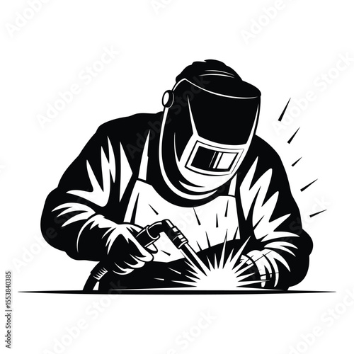 Welder working with welding torch and sparks silhouette isolated on white background
