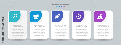 Horizontal progress bar featuring 5 arrow-shaped elements, symbolizing the five stages of business strategy and progression. Clean timeline infographic design template. Vector for presentation