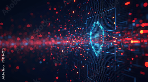 flowing data lines blocked by firewall grid, abstract visualization of cybersecurity system, digital art