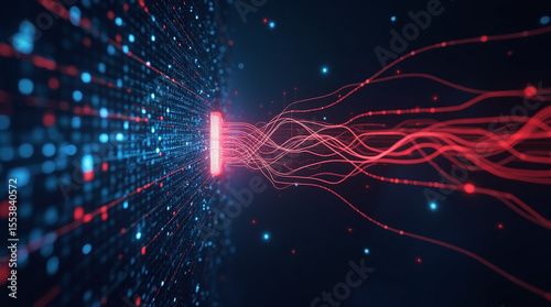 flowing data lines blocked by firewall grid, abstract visualization of cybersecurity system, digital art