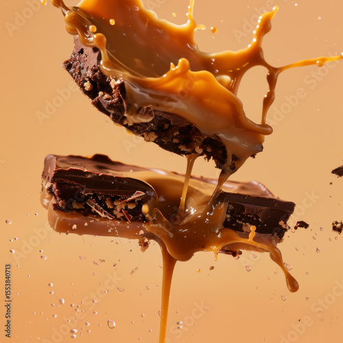 Dramatic capture of two chocolate pieces with dynamic caramel splashing between them against a warm brown backdrop