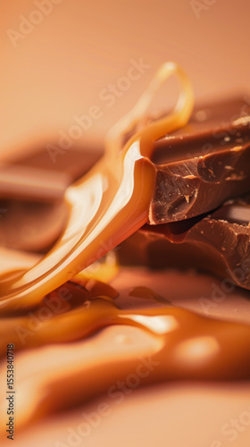 Elegant stack of dark chocolate pieces immersed in flowing caramel, capturing a rich