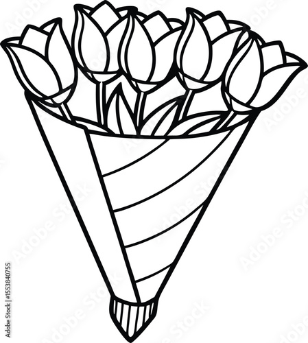 Beautiful bouquet of colorful tulips elegantly wrapped in a decorative paper cone isolated on white background isolated on transparent background